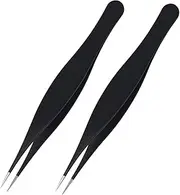 OzGrove Fine Point Precision Tweezers, Needle Nose Tweezer for Nose Tip Eyebrows Lash Chin Hair Splinter Ticks Facial Ingrown Hair Removal Women and Men, Black 2 Pcs