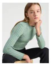 [Tilii] Long Sleeve Rib Funnel Neck Top in Green