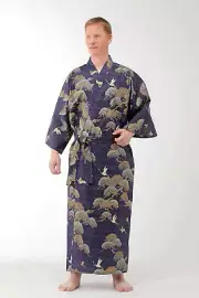 Japanese Yukata Kimono Men Pine & Crane Cotton Robe Made in Japan