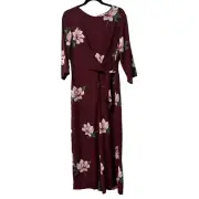 Lush Jumpsuit Floral 3/4 Sleeve Wide Leg Size L Burgundy Tie Front Keyhole Back