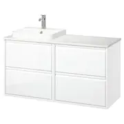 ÄNGSJÖN / BACKSJÖN wash-stand/wash-basin/tap, high-gloss white/white marble effect, 122x49x71 cm