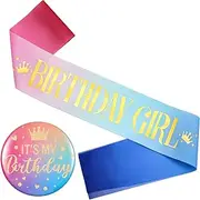 Yaomiao Birthday Sash for Women Birthday Girl Sash Birthday Party Decorations and It's My Birthday Button Glittery Metal Pin Its My Birthday Pin Birthday Badge for Party Decoration (Rainbow)