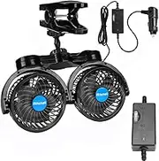 Hynoo 12V Car Clip Fans, Adjustable Dual Head Clip Fan 360° Rotatable Cooling Air Fan, 4'' Electric Auto Car Fans with Cigarette Lighter Plug for Vehicles, RV, SUV