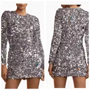 NWT Cynthia Rowley Womens Sequin & Rhinestone Embellished Mini Dress Silver Sz 4