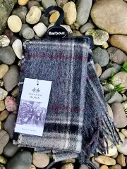 BARBOUR Cordovan Red Grey White Check Tartan Soft 100% Lambswool Tassel Scarf