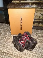 New LOUIS VUITTON Brown Monogram / Red Leopard Print 100% Silk HAIR SCRUNCHIE