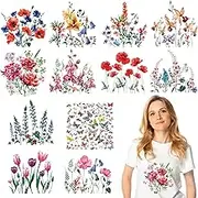 Fainne 12 Sheets Iron on Decals - Watercolor Transfers for Clothing, Heat Transfer Stickers, Spring Appliques for T-Shirts Jackets DIY Art Decor(Flower)