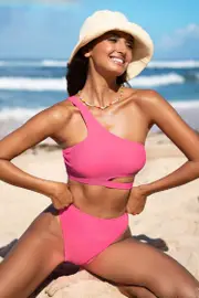 Cupshe Bubblegum Pink One-Shoulder Bikini Top & Cheeky Bottoms Set - Pink,XL / XL