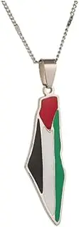 [AccessCube] Unisex Palestine Flag Map Necklace Pendant Enamel Palestine Flag Chain (Silver)