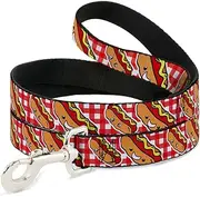 Buckle-Down Pet Leash - Hot Dogs Buffalo Plaid White/Red - 6 Feet Long - 1" Wide