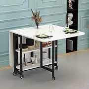 Space Saving Folding Dining Table, Drop Leaf Dining Table with Lockable Wheels, Extendable Dinner Table with 2-Layer Storage Shelf, Multifunction Expandable Table for Kitchen, Bedroom, Living Room (C