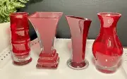 4 Vintage Red Cranberry Crimson Glass Bud Vase Set. Red Art Glass Vases. NIB