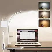 YOUYICI LED Desk Lamp with Clamp, Eye-Caring Clip Lights for Home Office, 3 Colors Stepless Dimming, Flexible Gooseneck Table Lamp with USB Adapter for Reading Working Workbench Drawing Gaming(White)