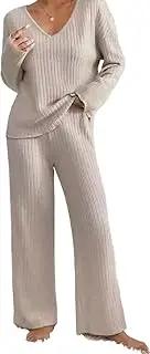 [HongYunAu] Women's Casual Two Piece Set Autumn Winter Solid Color V Neck Long Sleeve Tops & Pants 2pcs Set