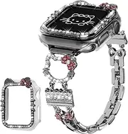 Bling Bracelet Band with Protector Case Compatible with Apple Watch Bands for Women iWatch Series 10 46 mm 42mm,Series 9 8 7 41mm 45mm,Series 6 5 4 SE 40mm 44mm,Cute Cartoon Dressy Jewelry Metal Strap