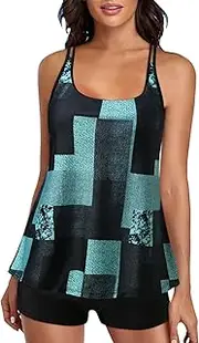 [Generic] Plus Size Double Straps Sky Blue Geometric Print Top Swimsuits for Women Two Piece Bathing Suits Long Torso Tank Tops with Boyshorts Bathing Suit Set for Boys