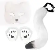 Furry Costume Wolf Costume for Girls Adult Kids Includes Fox Tail Plush Mask and Plush Paw Gloves Perfect for Halloween Costume Parties Christmas Events(White)