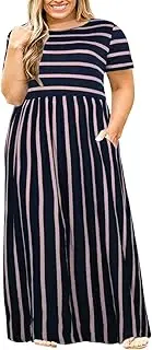 [Nemidor] Women Short Sleeve Loose Plain Casual Plus Size Long Maxi Dress with Pockets (26, Navy Stripe)