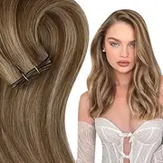 Full Shine Highlights Weft Hair Extensions Real Human Hair Sew in Extensions Remy Hair 105 Grams Double Weft Dark Brown Mix Honey Blonde Straight Bundles Brown Highlights Hair Wefts 1Pc 18 Inch
