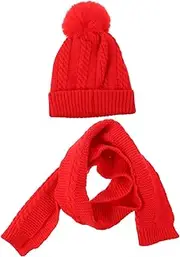 [WESIEVYA] Children Hat Scarf Knitted Hat Beanie Hat Pom Pom Hat Xmas Hat Scarf Winter Pom Hat Comfortable Practical Neck- Christmas Scarf Red Yarn