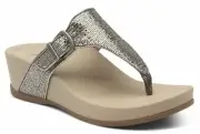 Aetrex® Kate Orthotic Thong Wedge Sandal Silver Metallic US 9/9.5 EUR 40 NIB