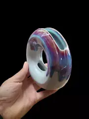 Studio Ceramic Art Pottery Drip Glaze Donut shaped Vase iridescent By Judy