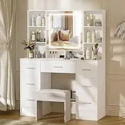 Vanity Desk with Mirror and Lights,Large Vanity with Openable Mirror, 7 Drawers,4 Storage Shelves,3 Lighting Modes Adjustable Brightness,Large Dressing Table with Mirror Lights for Women, Girls