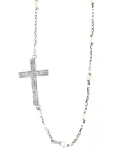Silver 0.08 ct. tw. Diamond 3-4mm Pearl Cross Necklace