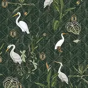 Akywall Egret Wallpaper Peel and Stick Vintage Green Contact Paper Textured White Crane Bird Plant Self Adhesive Wallpaper Boho Stick on Vinyl Roll Retro Removable Cabinet Drawer Decor 197 inch