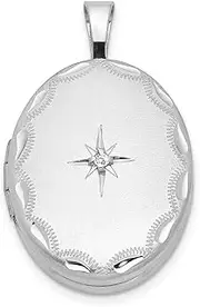 [JewelryWeb] 925 Sterling Silver Satin Patterned Holds 2 photos and Diamond Side Scallops 19mm Oval Locket