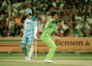 Pakistan bowler Wasim Akram successfully appeals for a catch - Old Cricket Photo