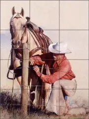 Tile Mural Backsplash Ceramic Fawcett Western Cowboy Horse Fence Art JFA006