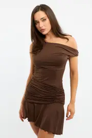 Brown Asymmetric Mini Dress - Size 16XL, Women's Skater Dress