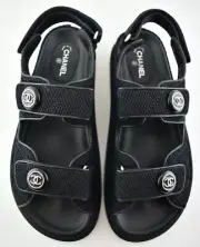 Chanel 21C Black Fabric Silver CC Logo Mule Slide Strap Flat Teva Dad Sandal 41