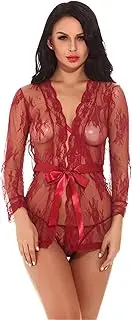 [Generic] Women's Floral Lace Sleepwear Trim Satin Cami Pajama Set With Robe Kimono Robe Babydoll Lingerie Mesh Nightgown