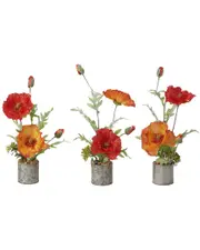 D&W Silks Red And Orange Poppies In Round Tin Planters - Set Of 3