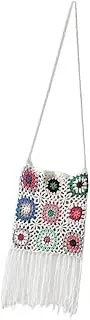 [HUFFA] Crochet Shoulder Bag Bohemian Casual Ethnic Style Hollow Out Knitting Bag Handbag Tassel Tote Purse for Summer Travel(White)