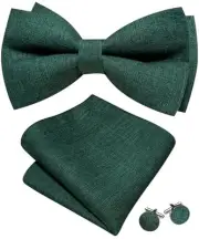 Men's Bow Tie Set Extra Large Cotton Linen Bowties with Emerald Green