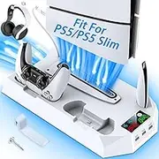 PS5 & PS5 Slim Stand with Cooling Station. Designed for PS5&PS5 Slim Disc/Digital Edition. PlayStation 5 Vertical Stand with Dual Controller Charger, 3 Levels Cooling Fan, 3 USB Hubs, Headset Holder.