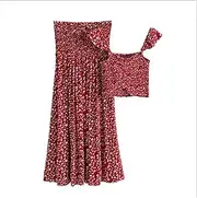 JUNMIN Ladies Spring and Summer Red Print Suit Small Camisole Plus Mid-Length Skirt (Color : Red, Size : Small)