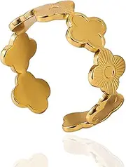 [Prestige Capital Jewelry Est 2024] Four Leaf Clover Ring, Gold Plated, Adjustable Size, Hypoallergenic, Lucky Charm Jewelry for Women, Plastic, No Gemstone
