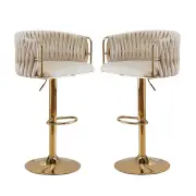 2x Height Adjustable Ivory Swivel Bar Stool Velvet Golden Round Base Barstools Chairs
