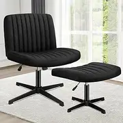 ALFORDSON Criss-Cross Desk Chair with Cross Leg Ottoman Stool, Xavi Series, Fabric Upholstery, Ergonomic Armless Office Chair with Channel-Tufted Mid-Back Design, 180kg Capacity, Black