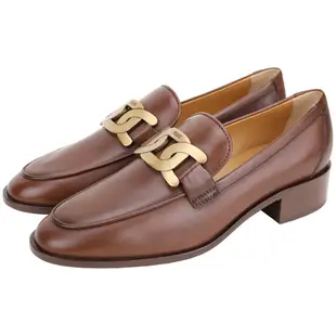 TOD’S Kate 金屬釦飾木紋低跟復古小牛皮樂褔鞋(咖棕色)