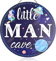 Little Man Cave Sign, Wooden Round Door Sign for Little Boy Nursery Room Wall Art, Wood Baby Toddler Kids Bedroom Living Room Hanging Rustic Wood Sign Decor, Toddler Boy Room Decor -Space