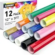 CAREGY HTV Vinyl Bundle Heat Transfer Vinyl(12 Pack) - 12 Inch by 3 Feet HTV Vinyl Rolls, Easy to Cut Iron on Vinyl for Cricut & Cameo, Easy to Weed Heat Transfer Vinyl