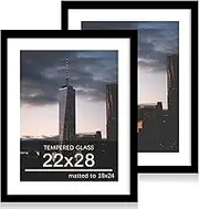 ccdcc 22x28 Picture Frame Set of 2, 22 x 28 Wood Poster Frames with Mat for 18x24, Wooden Photo Frames with Tempered Glass Cover for Wall Display,Black