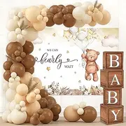 Domment Teddy Bear Baby Shower Decorations Boho Backdrop 120Pcs Brown Nude Balloons Arch Wood Grain Box With Letters We Can Bearly Wait for Boy Girl Gender Reveal Party Supplies, (YL206)