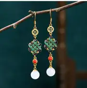 Knotting Natural Jade Vintage Earrings Chinese Hanfu Qipao Earrings Long Drop