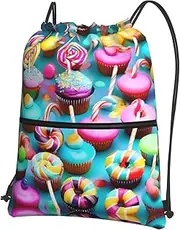 EdWal Colorful Sweet Lollipop Cupcake Donut Print Drawstring Backpack Gym Bags Sports Bags With Zipper Pocket For Travel Beach, Black, One Size
